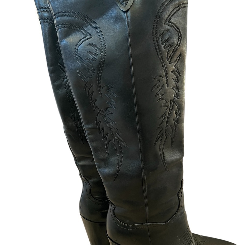 Boutique 10 Black Faux Leather Knee High Cowboy Boots Cowgirl Western Festival - Picture 4 of 10